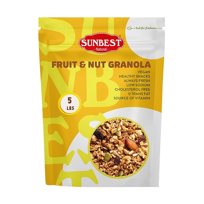 Sunbest Natural Fruit & Nut Granola – 5 lb Bulk Bag – Crunchy Oats, Raisins & Pumpkin Seeds – Non-GMO, Kosher – Perfect for Snacking, Breakfast & Baking