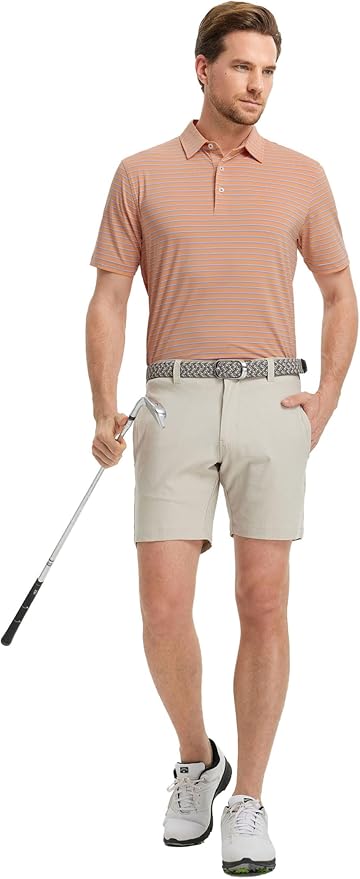 Rouen Mens Polo Shirts Short Sleeve Dry Fit Performance Moisture Wicking Causal Striped Polo Collared Golf Shirts for Men