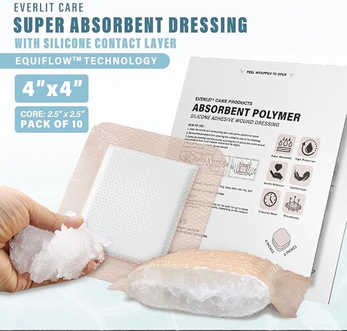 EVERLIT Super Absorbent Polymer Wound Dressing | Silicone Self-Adhesive Bandages with Ultrasorb Matrix for High Retention | 4" x 4" Sterile Adhesive Dressings Pack of 10