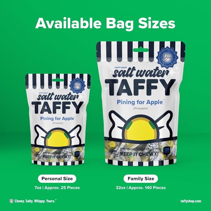 Taffy Shop Pining For Apple, Pineapple Salt Water Taffy Gourmet Soft Chewy Candy, Bulk Sweet Snack, Fresh Gift & Gluten-Free, 140 Individually Wrapped Pieces (32oz)