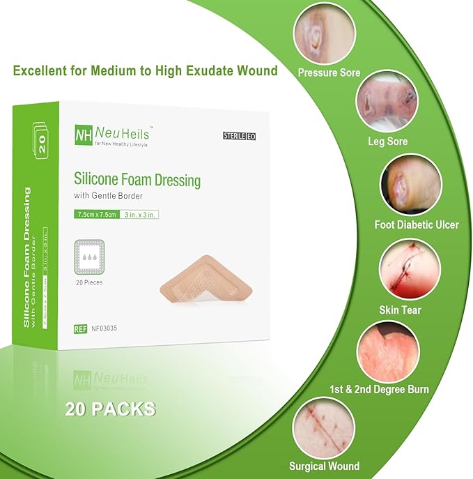 NeuHeils Silicone Foam Dressing with Gentle Border 3''x3'', 20 Packs for Bed Sore Pressure Ulcer, High Absorbency Waterproof Silicone Wound Bandage Patch