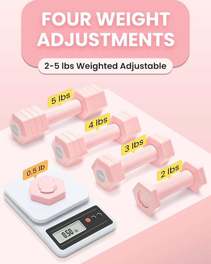 Adjustable Dumbbells Set, 4 in 1 Hand Weights Set for Women Men 10 LB/ 12 LB Dumbbell Pair Each 2lbs 3lbs 4lbs 5lbs Weights Dumbbells Set with TPU Soft Rubber Handle for Home Gym Exercise Fitness