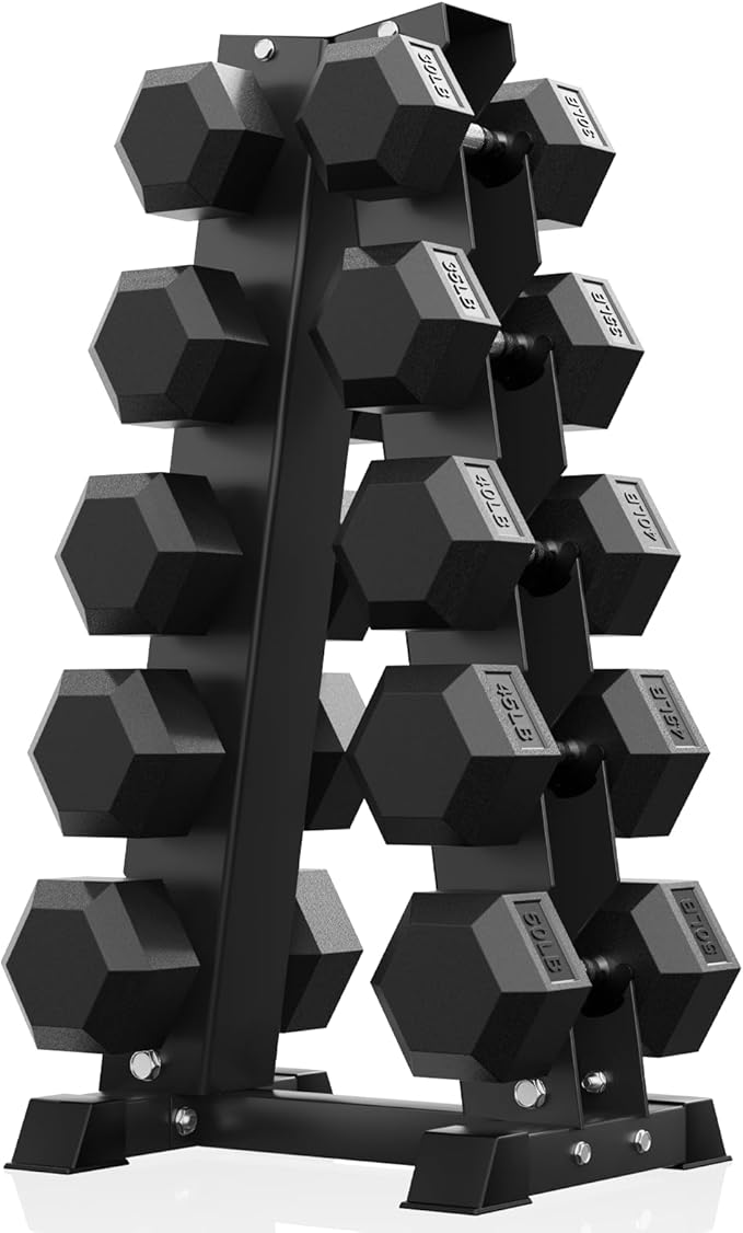 PAPABABE Hex Dumbbell Sets with Rack, 60-550lb Rubber Coated Dumbbell Weight Set and Storage Rack, Multiple Options Hand Weights for Strength Training