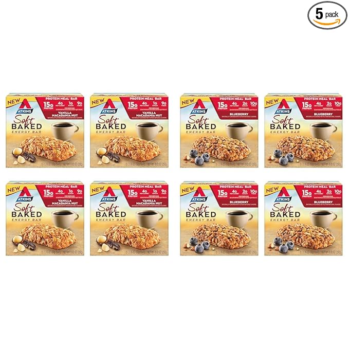 Atkins Soft Baked Energy Bars, Vanilla Macadamia Nut & Blueberry, 15g Protein, Low Sugar, Excellent Source of Fiber, Low Carb, 4 Packs (5 Bars Each)