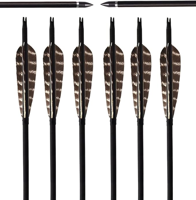 31Inch Carbon Arrow, Practice Hunting Arrows, Camo Turkey Feather Fletching, Arrows for Compound & Recurve Bow with Removable Tips Adjustable Nocks