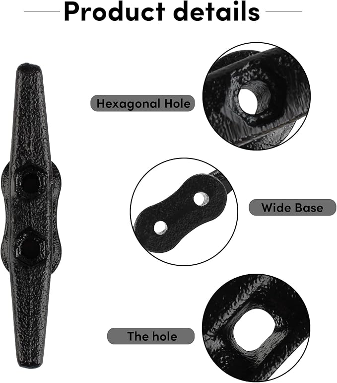 Boat Cleats 4Inch,Hot Dip Galvanized Cast Iron Dock Cleats,Electrophoretic Coated Black Dock Cleats,Rope Cleats Boat Dock Cleats for Marine Deck or Nautical Decor,Hardware Included (4/5/6/10/12Pack)