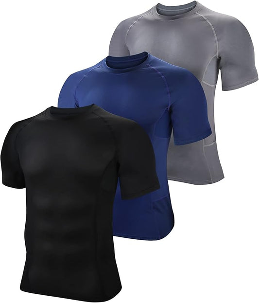 BOOMCOOL Men Short Sleeve Compression Shirts, Sports Baselayer T-Shirts Tops, Athletic Workout Shirt 3 Pack