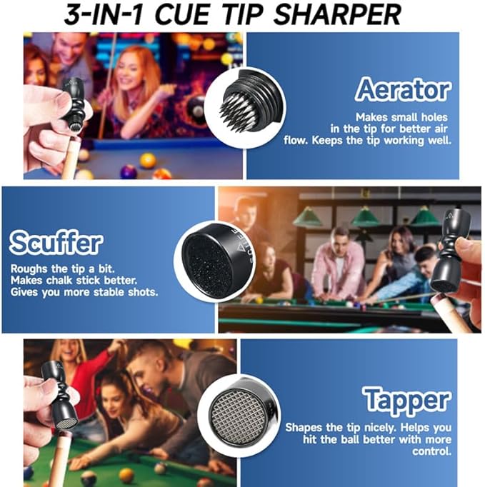 Vastarsky 3-in-1 Cue Tip Tool, Professional Pool Cue Tip Shaper, Billiard Pool Cue Accessories Tool, Scuffer, Shaper, Aerator