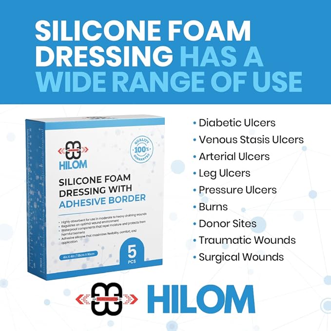 Silicone Foam Dressing with Adhesive Border 4 in x 8 in (10 Pack) Waterproof Dressing, Latex Free for Moist to Heavily Draining Wounds…