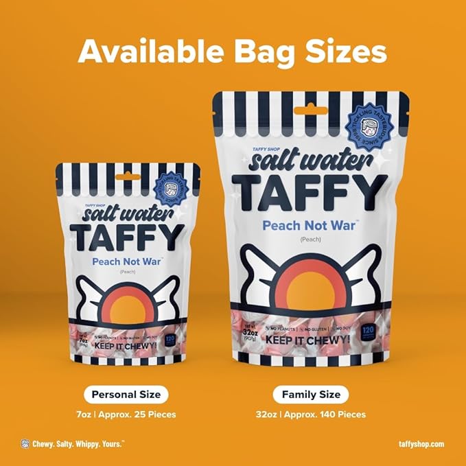 Taffy Shop Peach Not War, Peach Salt Water Taffy – Gourmet Soft Chewy Candy, Bulk Sweet Snack, Fresh Gift & Gluten-Free, 30 Individually Wrapped Pieces (7oz)