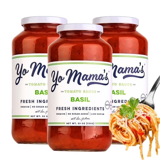 Yo Mama's Foods Keto Tomato Basil Pasta and Spaghetti Sauce - Pack of (3) - No Sugar Added, Low Carb, Low Sodium, Vegan, Gluten Free, Paleo Friendly, and Made with Whole, Non-GMO Tomatoes