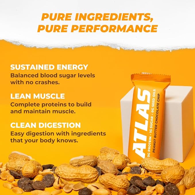 Atlas Protein Bar – 20g Clean Protein, 1g Natural Sugar, No Seed Oils, Gluten Free, No Artificial Sweeteners, Peanut Butter Chocolate Chip, 12 Count