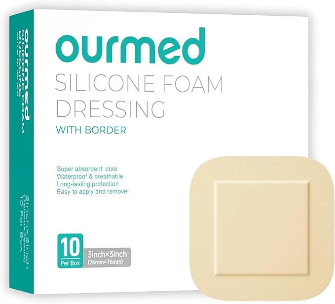 Silicone Foam Dressing with Border Adhesive - Large Absorbent Waterproof Bandage for Wound Care, Foot Diabetic Ulcer, Leg Ulcer, 3" x 3", 10 Pack