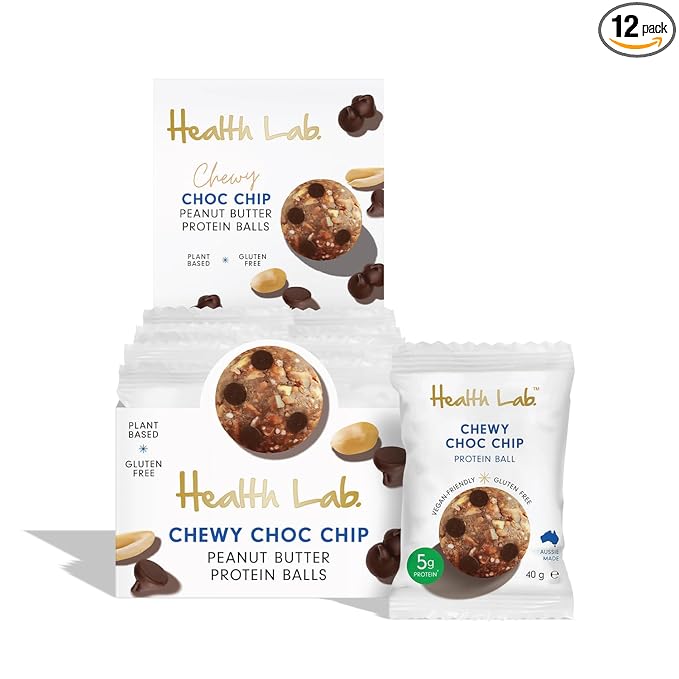 Health Lab - Vegan Protein Balls - Chewy Choc Chip and Peanut Butter 480g - (Pack of 12)