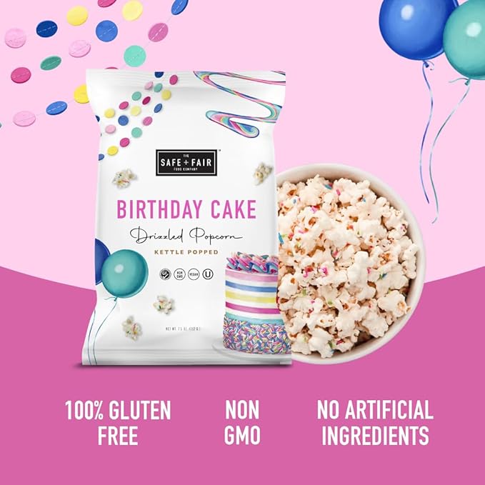 Safe + Fair Birthday Cake Drizzled Popcorn - Gluten-Free, Dairy Free and Vegan Snack - Free From Top 9 Allergens and Artificial Ingredients – Non GMO, Plant Based Kettle Popped Corn, 5.5 oz