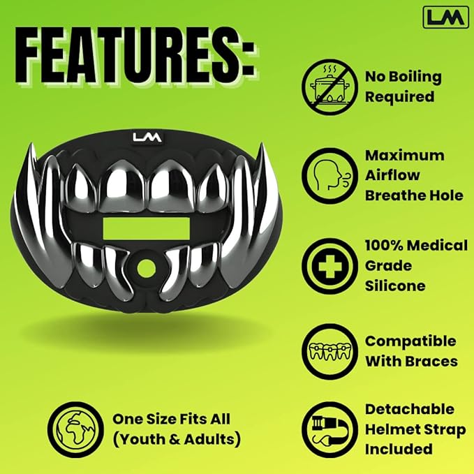 Loudmouth Football Mouth Guard - 3D Chrome Beast Football Mouthpiece, Fits Adult & Youth Ages 5+, Accessories Mouth Guard (3D Beast - Chrome Black/Silver)