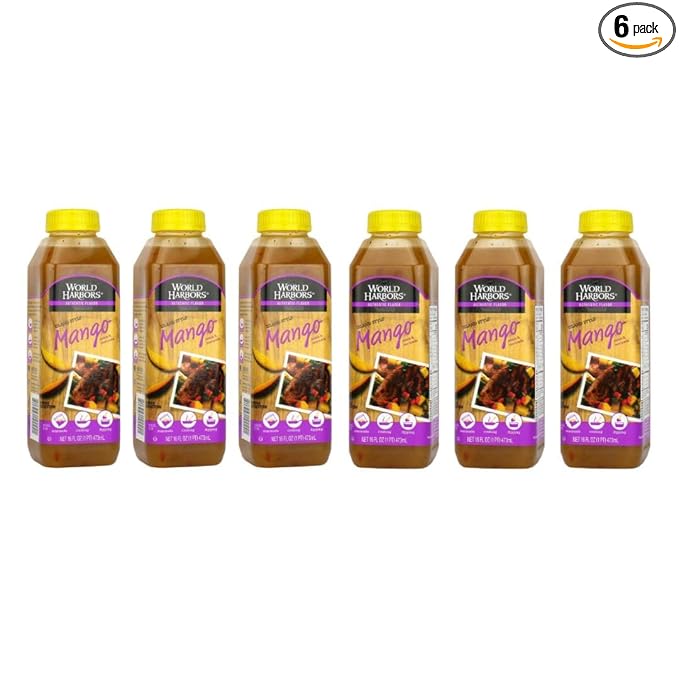 World Harbors Island Mango Sauce & Marinade - Low-Calorie, Sweet & Tangy Perfect Sauce for Chicken, Fish, Beef, Wings, Dipping, Stir-Frying, Salad Dressing. Made in USA 16-Fl Oz Bottle (Pack of 6)