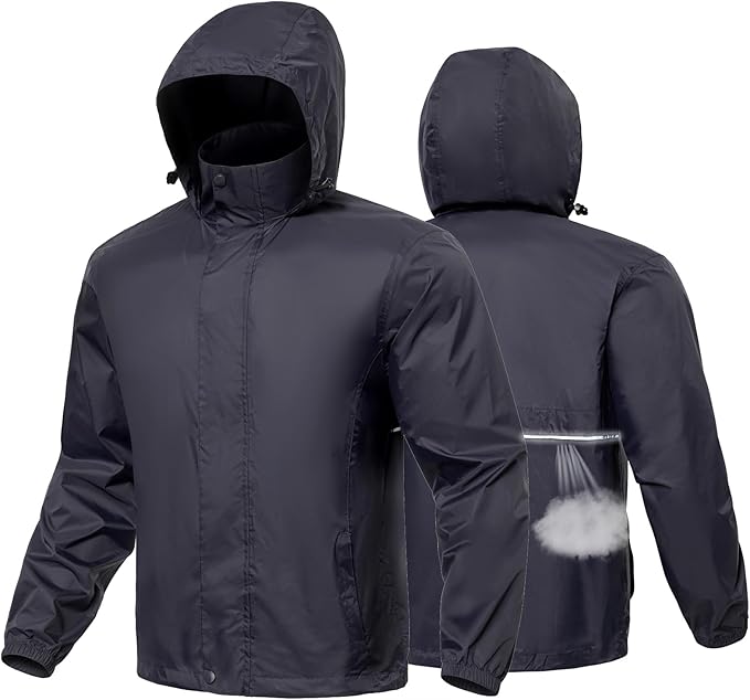 MANSDOUR Men's Packable Rain Jacket Waterproof Lightweight Windbreaker Cycling Golf Hiking Reflective Raincoat with Hood