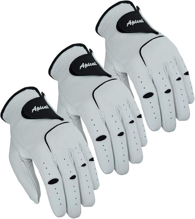 Apical Premium Leather Golf Glove Stable Grip Mens Golf Gloves Durable Value Pack (Pack of 3) Genuine Cabretta Leather Golf Gloves Men Left Hand (Regular Sizes)