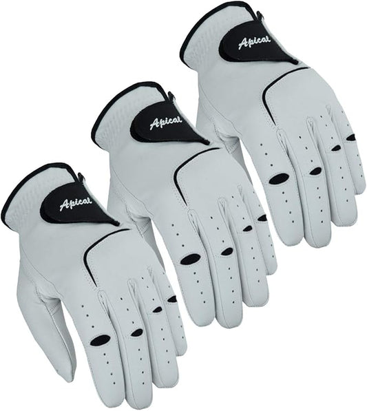 Apical Premium Leather Golf Glove Stable Grip Mens Golf Gloves Durable Value Pack (Pack of 3) Genuine Cabretta Leather Golf Gloves Men Left Hand (Regular Sizes)