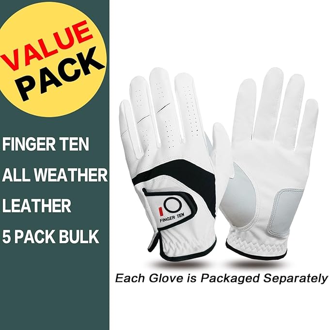 FINGER TEN Golf Gloves Men Left Hand Right Leather Value 5 Pack, Mens Golf Glove for Right Left Handed Golfer All Weather Grip Small Medium ML Large XL XXL 3XL