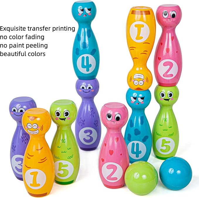 Bowling Set for Kids 2-5,Includes 10 Plastic Pins & 2 Balls, Indoor Activity Games, Birthday Gifts for Boys Girls 5-7,(Color Gift Box Packaging)