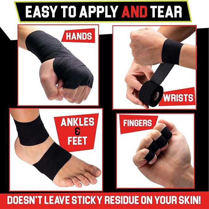 Black Athletic Tape Extremely Strong: 24 Rolls + 6 Finger Roll. Easy to Apply & No Residue. Sports Tape Athletic for Boxing Football Climbing or Gymnastics for Wrist Ankle & Hand Protection