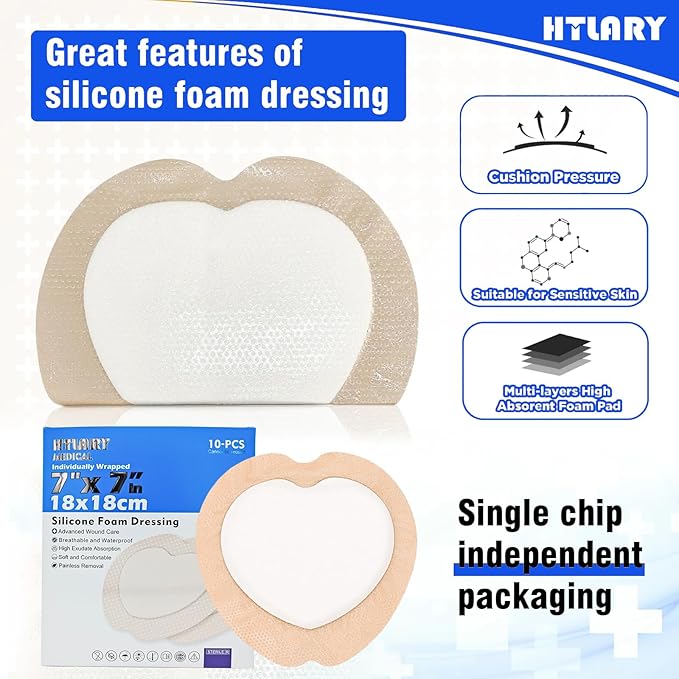 5 Pack Silicone Adhesive Sacral Foam Dressing 7x7 Inches Waterproof Breathable Wound Pads for Bed Sores Pressure Ulcer Care Absorbent Skin Friendly Medical Bandages