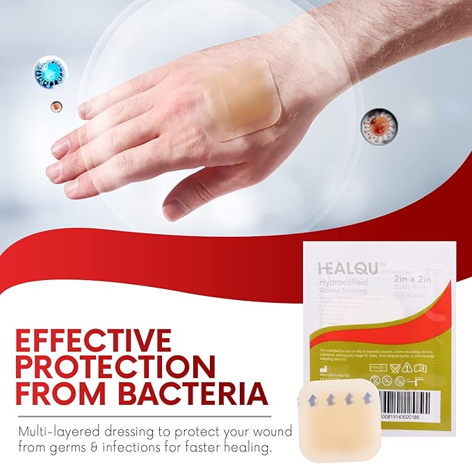 Healqu Hydrocolloid Wound Dressing - 6x6" Thin - Box of 10 Large Bandages - Sterilized Bordered Hydrocolloid Patches for Bed Sores, Abrasions, and More - Waterproof and Absorbent with Protective