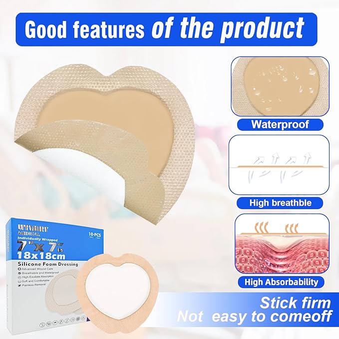 5 Pack Silicone Adhesive Sacral Foam Dressing 7x7 Inches Waterproof Breathable Wound Pads for Bed Sores Pressure Ulcer Care Absorbent Skin Friendly Medical Bandages