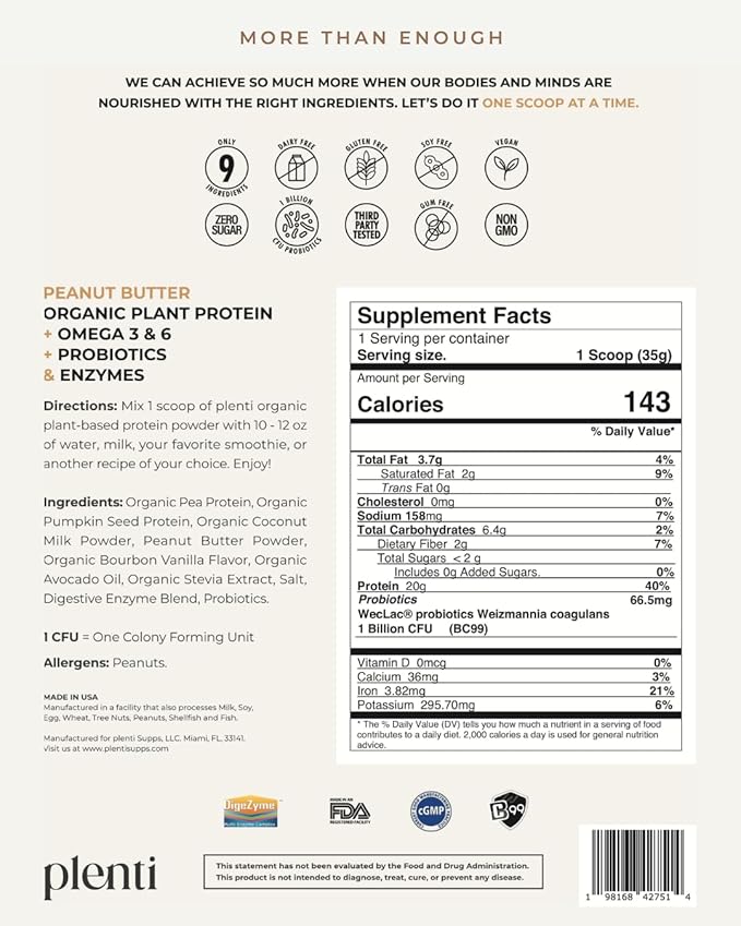 plenti Organic Plant-Based Protein Powder: Peanut Butter - 20g Pea Protein + Probiotics, Digestive Enzymes & Omega 3-6, Gut Friendly, Sugar Free, 27 Servings (2 lbs)