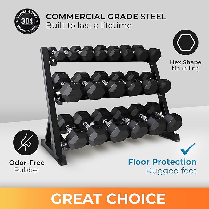 Rubber Hex Dumbbell Set with Rack, 10/12/20 Pair (550/780/1200/1550/2100 lbs total) Weight Rack with Dumbbells, Rubber Coated Dumbbell Set with Rack Stand for Home Gym & Strength Training