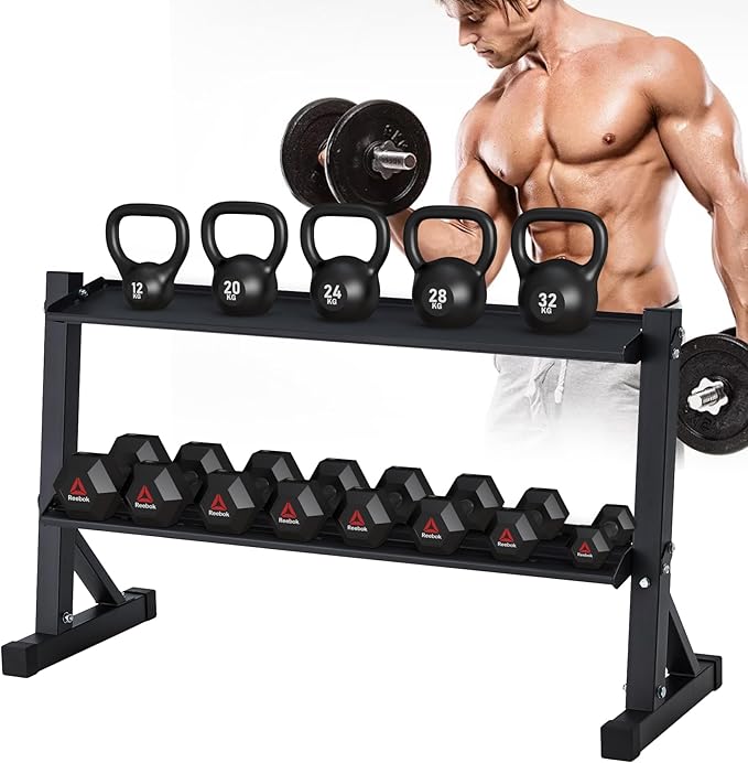 2-Tier 48" Dumbbell and Kettlebell Rack for Home Gym, 1000LBS Weights Storage for Free Weights, Dumbbells, Kettlebells and Medicine Ball
