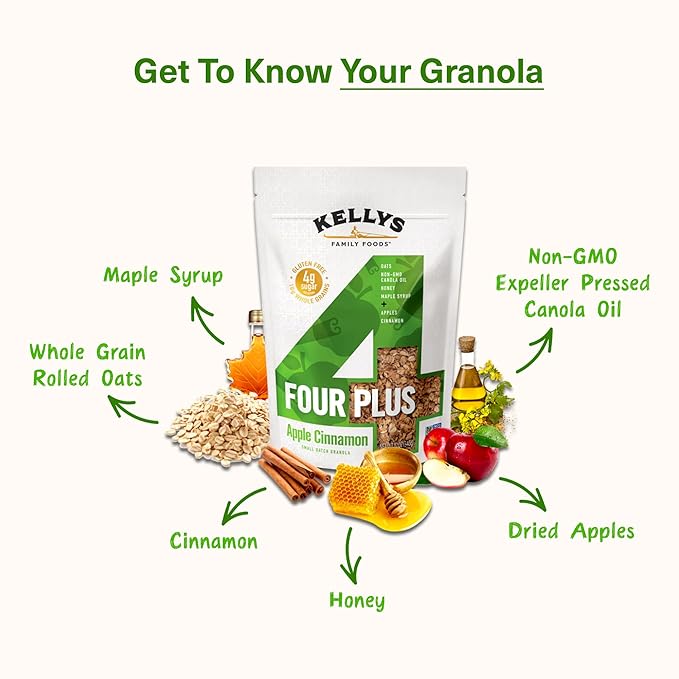 Kelly's Four Plus (Apple Cinnamon) Granola Cereal with Whole Grain Oats, Honey, Maple Syrup - Non-GMO, Low Sugar, Sodium Free and Gluten Free Granola for Yogurt - 12oz (Pack of 4)