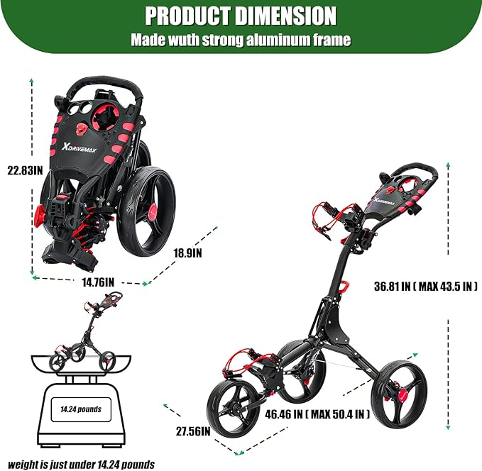 Golf Push Cart Series: 2-Wheel, 3-Wheel, 4-Wheel & 360° Swivel Front Wheel