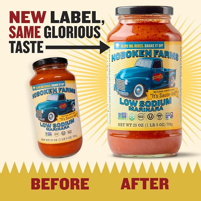 Hoboken Farms Low Sodium Marinara Sauce - Keto Certified, No Sugar Added, Non GMO Project Verified, Plant Based, and Paleo Friendly! (25 Fl Oz, Pack of 2)