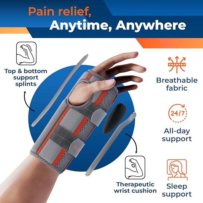 DR. BRACE Adjustable Wrist Brace Night Support for Carpal Tunnel, Doctor Developed, Upgraded with Double Splint & Therapeutic Cushion, Hand Brace For Pain Relief, Injuries, Sprains