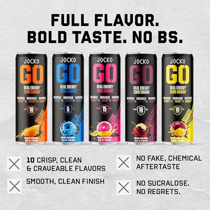 Jocko GO Energy Drink - Keto, Vitamin B12, Vitamin B6, Electrolytes, L Theanine, Magnesium- Energy Boost, Sugar Free Nootropic Monk Fruit Blend - 12 Pack (Pink Lemonade)