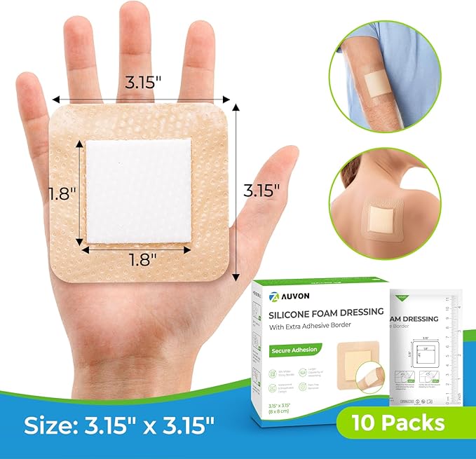 AUVON Silicone Foam Dressing with Large Adhesive Border, 3" x 3" 10 Packs Wound Dressing Bandage with High Absorbency, Waterproof Silicone Foam Pads for Wound Care & Protection Plus Cushioning
