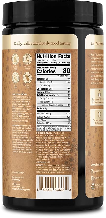 Perk Energy Original Tan Mocha Latte Flavored Drink Powder (20 Servings) - Gluten-Free, Peanut-Free, Soy-Free