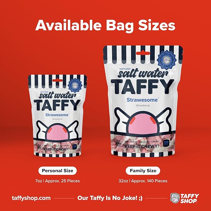 Taffy Shop Strawsome, Strawberry Salt Water Taffy – Gourmet Soft Chewy Candy, Bulk Sweet Snack, Fresh Gift & Gluten-Free, 140 Individually Wrapped Pieces (32oz)