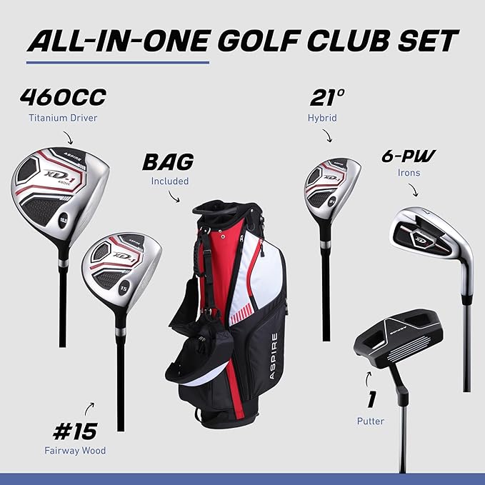 Aspire XD1 Complete Mens Golf Club Set, Includes Titanium Driver, S.S. Fairway, S.S. Hybrid, S.S. 6-PW Irons, Putter, Bag, 3 H/C's, Right & Left Handed Golf Clubs