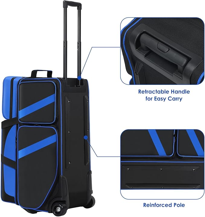3 Ball Bowling Bag with Wheels, Bowling Bag 3 Ball Roller with Shoe Compartment (Fits Up to Size 16), with Multi-pocket and Retractable Handle Extends to 41.5"