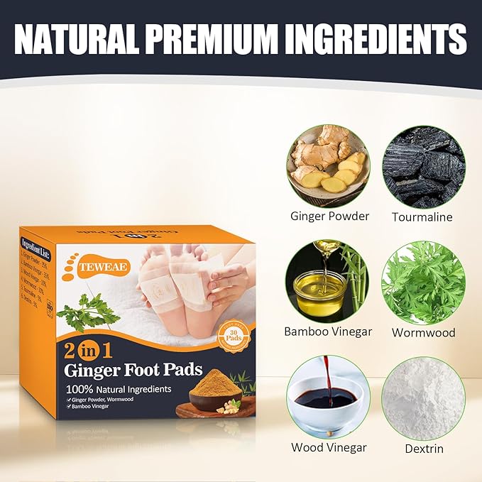 2 in 1 Foot Pads, Tear and Use Ginger Wormwood with Pure Natural Ginger Powder Bamboo Vinegar Wormwood, Bigger Adhesive ''Stay in Place'' All Night, 30 Pads