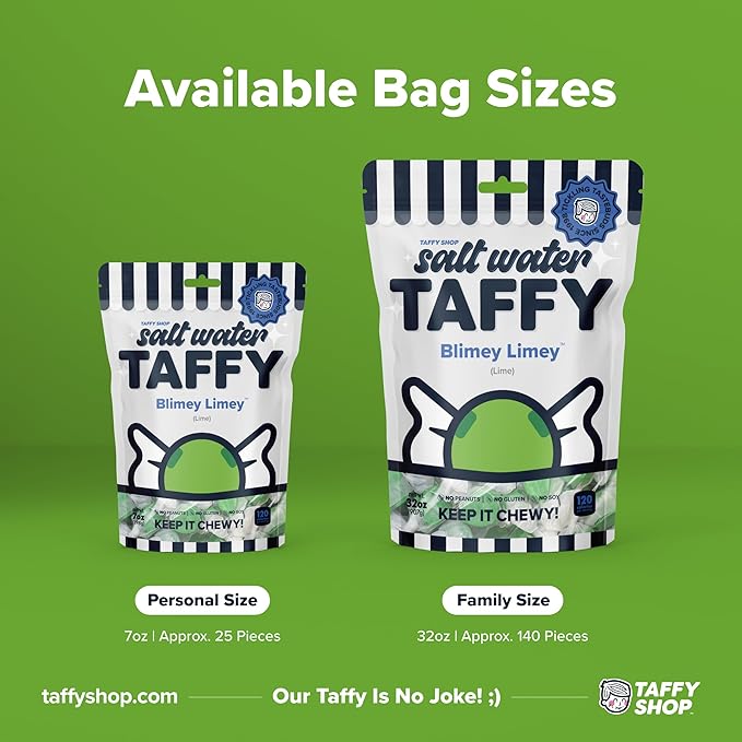 Taffy Shop Blimey Limey, Lime Salt Water Taffy – Gourmet Soft Chewy Candy, Bulk Sweet Snack, Fresh Gift & Gluten-Free, 35 Individually Wrapped Pieces (7oz)