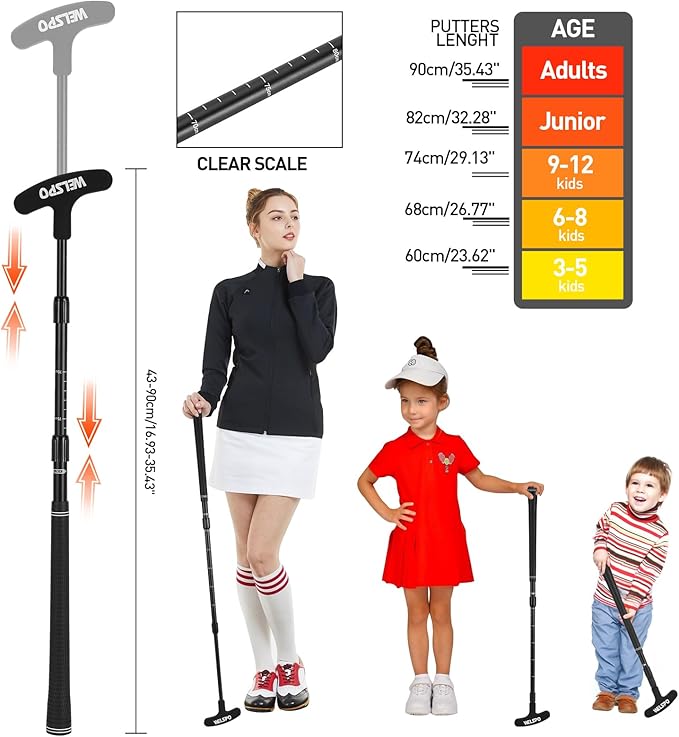 WELSPO Golf Putters for Men and Women Two-Way Kids Putter Mini Golf Putter with 2 Golf Putters, 4 Golf Balls for Right or Left Handed, Adjustable Length Golf Putter for Children, Teenagers and Adults