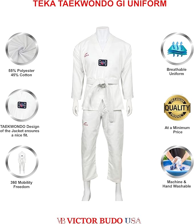 Teka Taekwondo Uniform with Free Belt 8-oz Lightweight Martial Arts Training Competition Uniform Gi Size 00-6