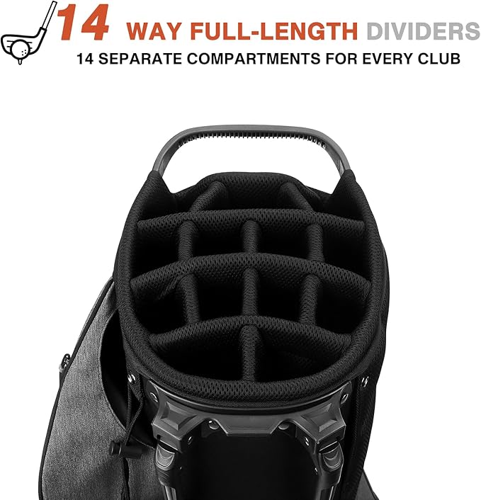 Golf Stand Bag 14 Way Top Dividers Full-Length with Stand, 7 Pockets, Lightweight Golf Bag for Men, Dual Strap, Rain Hood, Portable Golf Club Bag for Men Women