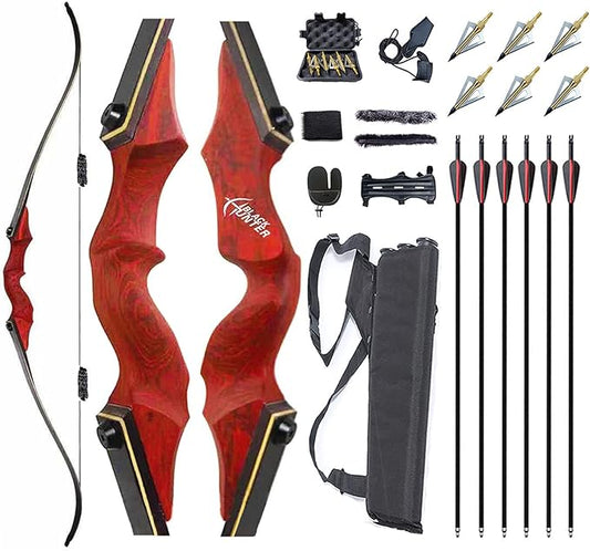 Archery 60" Recurve Bow and Arrows Set for Adults Right Hand Longbow kit Wooden Competition Hunting Shooting Training Outdoor Practice 30-60lb