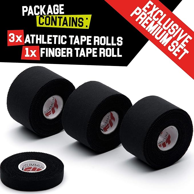 Black Athletic Tape Extremely Strong: 3 Rolls + 1 Finger Roll. Easy to Apply & No Residue. Sports Tape Athletic for Boxing Football Climbing or Gymnastics for Wrist Ankle & Hand Protection